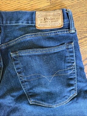 Polo by Ralph Lauren Slim Straight Dark Blue Jeans with Tan Leather Patch